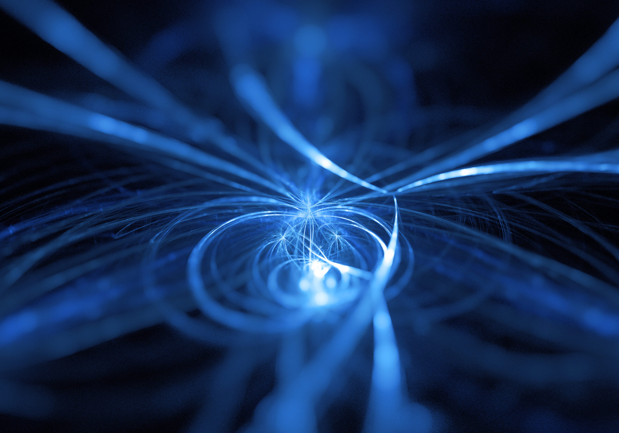 abstract blue neon light rays creating knots in the centre of the image; overlaid on a black background