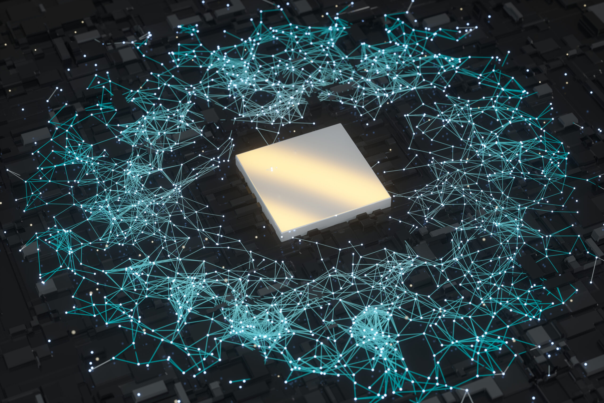 Black and grey circuit board with glowing cube at its centre, surrounded by glowing blue lines