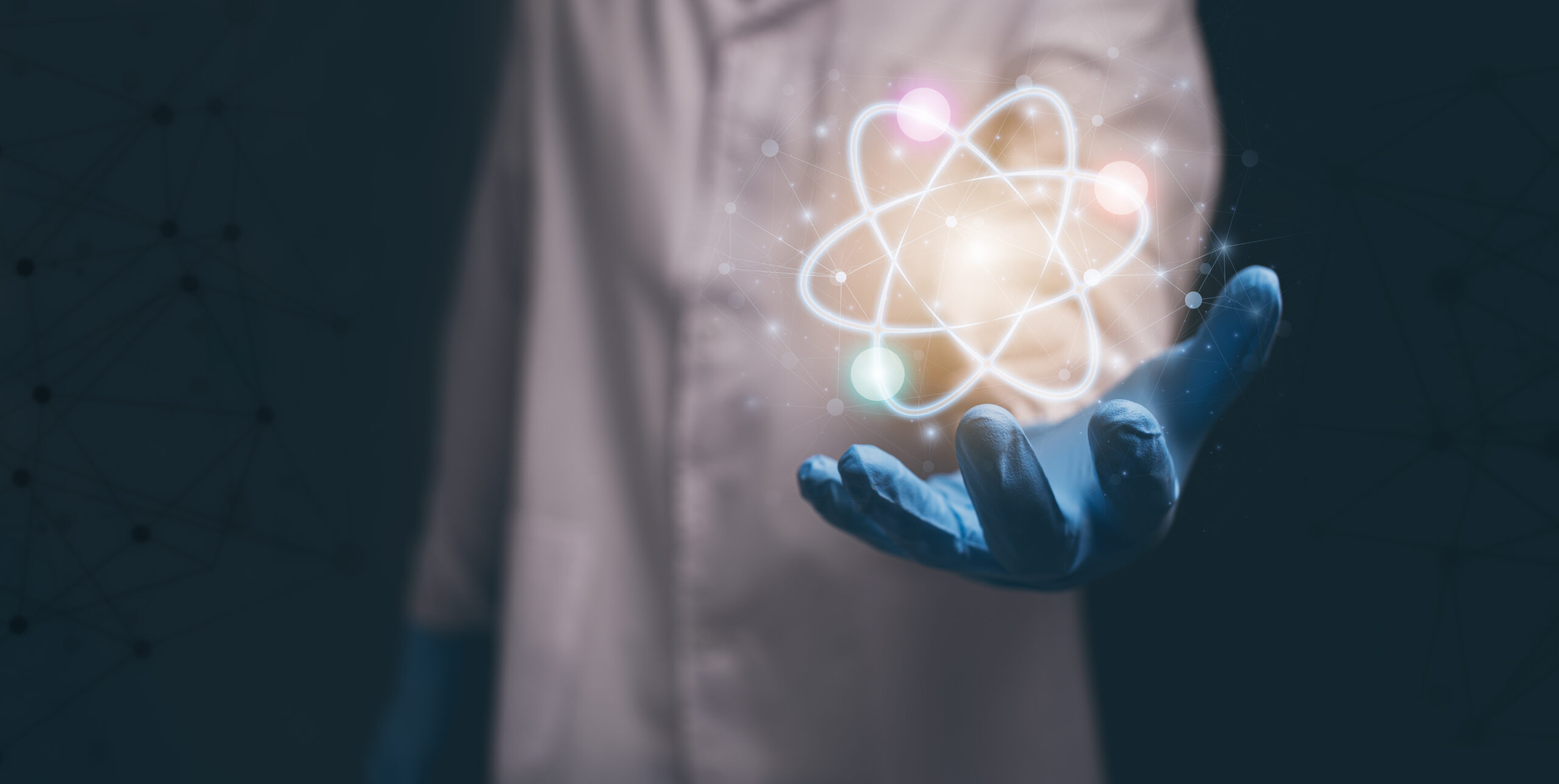 Doctor wearing a white coat and blue gloves holds a glowing molecular icon in his left hand