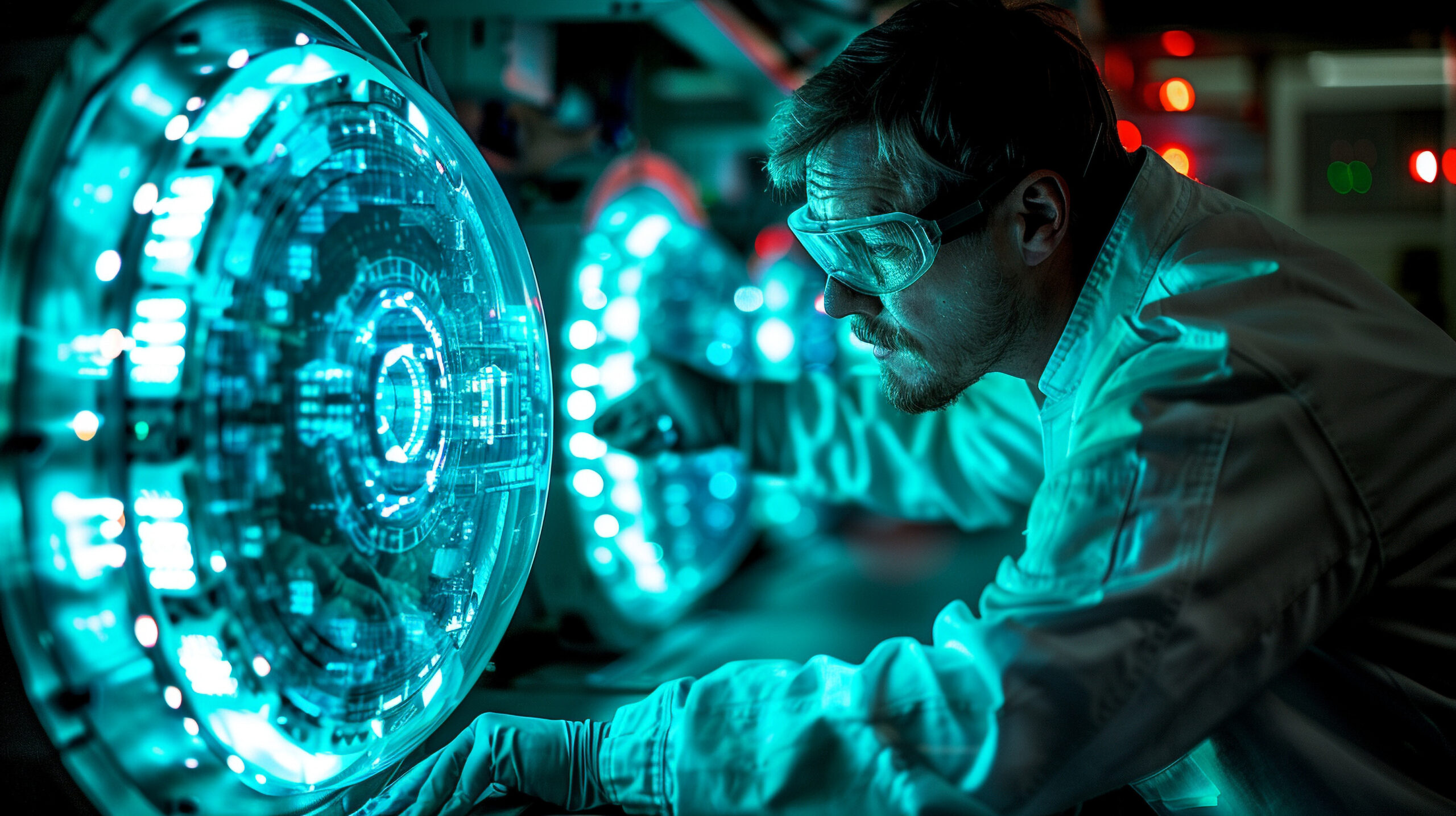 Researcher wearing goggles and a lab coat working on futuristic quantum technology giving out blue light that bathes the scene