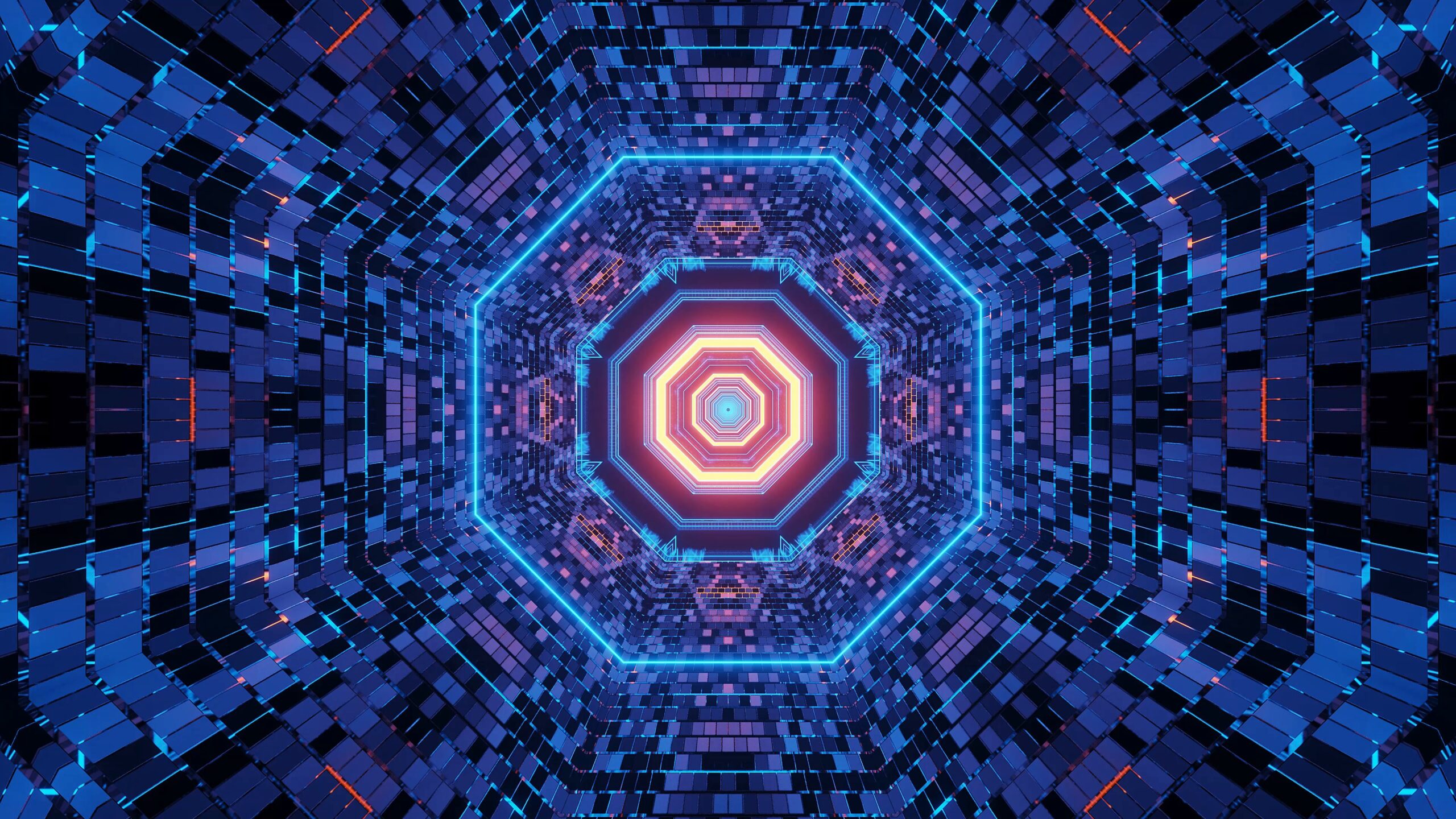 Abstract depiction of a quantum computer made using octagonal shapes in a tunnel; using various shades of blue and orange